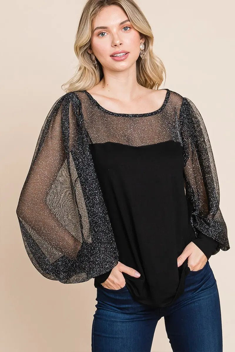 Super Lady Full Size Metallic Mesh Lantern Sleeve Blouse - Love Salve